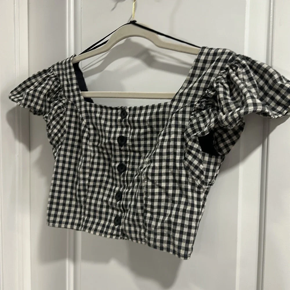 Urban Outfitters Gingham Button Down Ruffle Cap Sleeve Top Size Medium - Picture 5 of 8